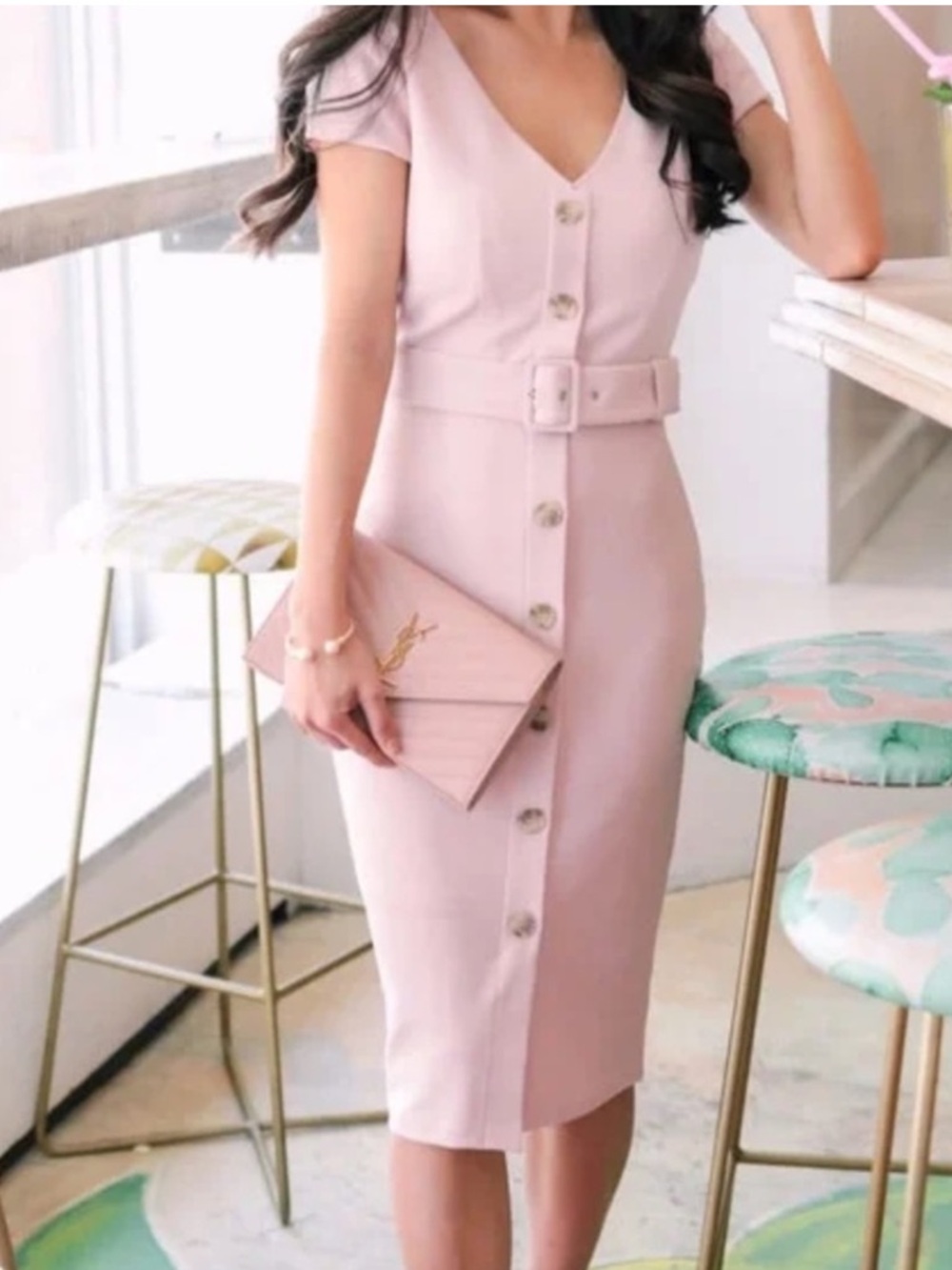 Express Pink Button Down Belted Sheath Dress